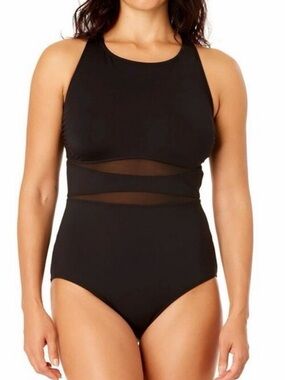 Lands’ End Black Mesh One Piece Swimsuit M Tummy Control UPF 50 High Neck